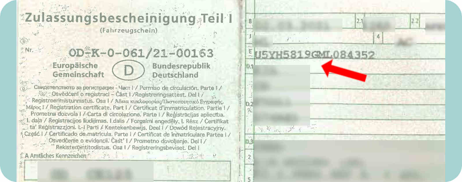 Foto und Kennzeichnung der FIN auf der Zulassungsbescheinigung Teil 1.